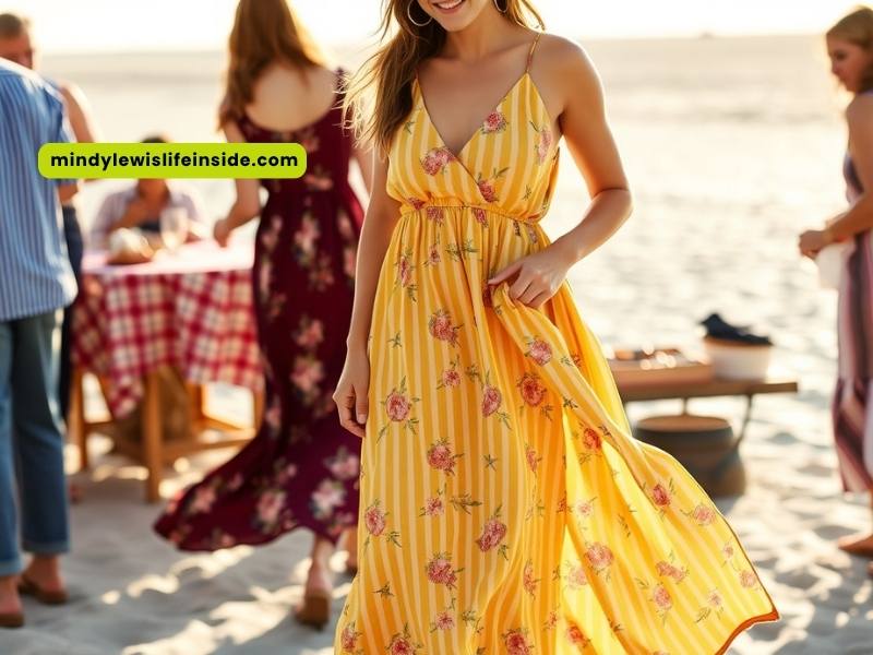 A woman wearing a yellow dress walks gracefully on the beach, with the ocean waves lapping at her feet.