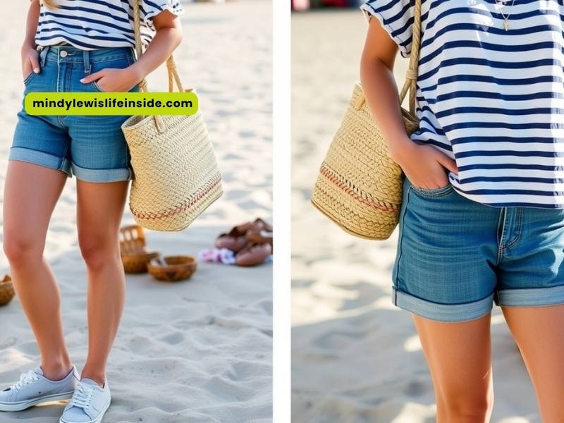 A woman wearing shorts and a striped shirt is shown in two different poses, enjoying a bright day outdoors.
