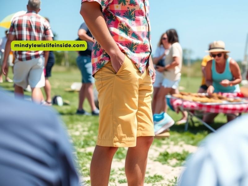 A man in yellow shorts and a matching shirt stands in a grassy area, looking relaxed and cheerful.