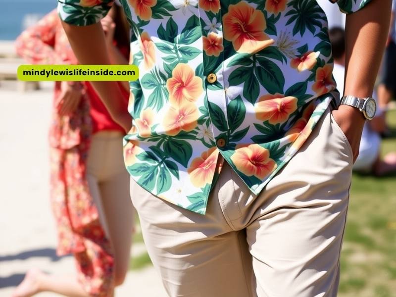 A man in a bright Hawaiian shirt paired with khaki pants poses cheerfully, radiating a laid-back, summery atmosphere.