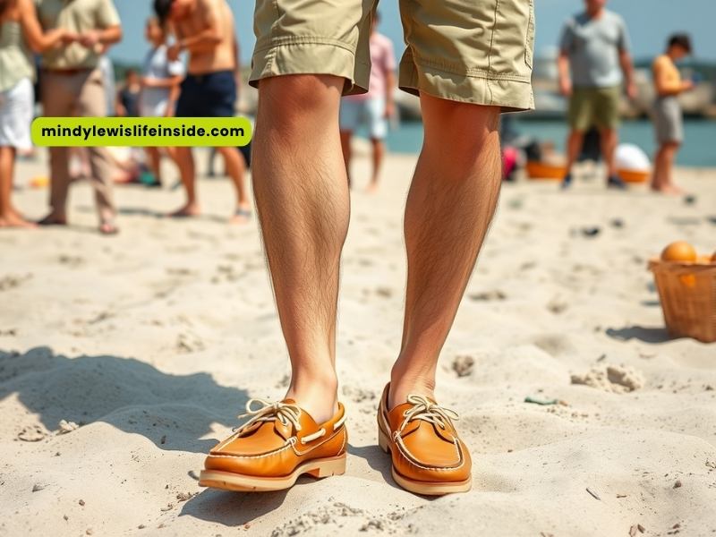 A man stands on the beach, wearing tan shoes, with waves gently lapping at the shore in the background.