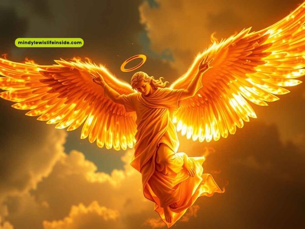 A biblical angel with wings and a halo gracefully flies through a bright blue sky, embodying divine presence and serenity.