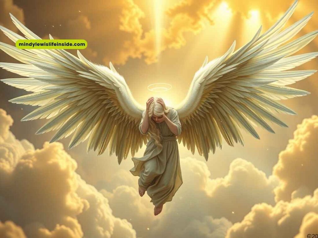 A biblical angel with large, spread wings soars gracefully through a bright blue sky.