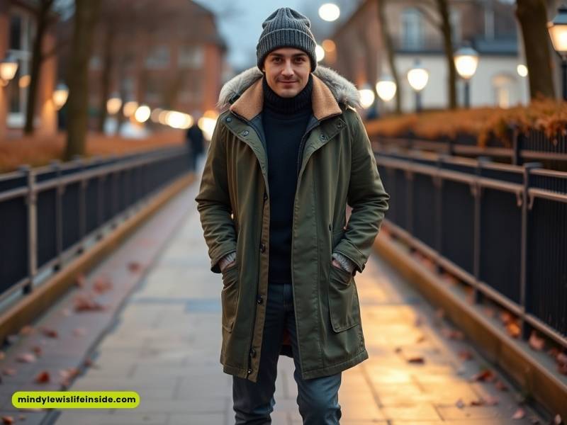 A man wearing a winter coat stands on a sidewalk, prepared for Bonfire Night celebrations.
