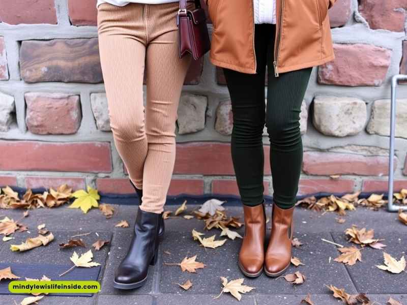 Two women in brown and green pants, presenting fashionable attire suitable for Bonfire Night celebrations.
