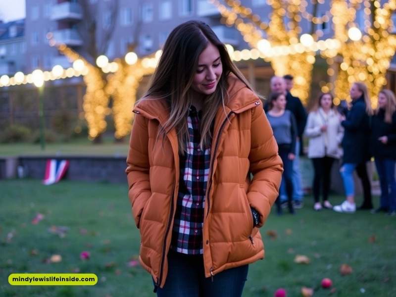 A girl dressed in a coat and jeans strolls in the park, demonstrating a stylish look for Bonfire Night.