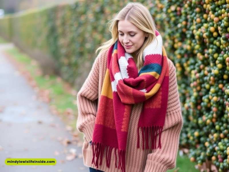 A woman wearing a vibrant red, yellow, and green scarf, styled for Bonfire Night festivities.