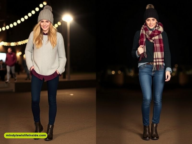 Two women dressed warmly in hats and winter attire, preparing for Bonfire Night celebrations.