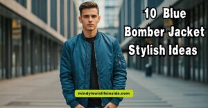 Ten fashionable looks paired with a blue bomber jacket, highlighting versatile styling options for different settings.