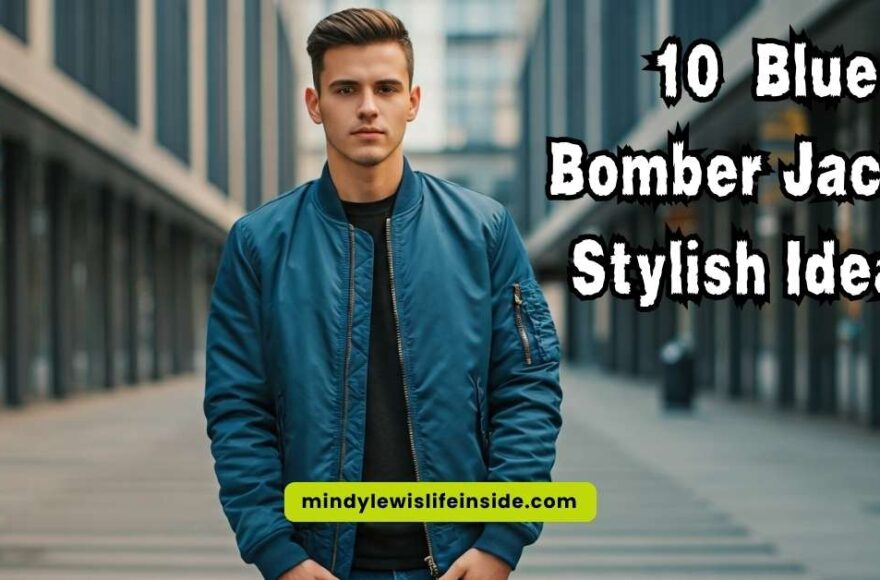 Ten fashionable looks paired with a blue bomber jacket, highlighting versatile styling options for different settings.