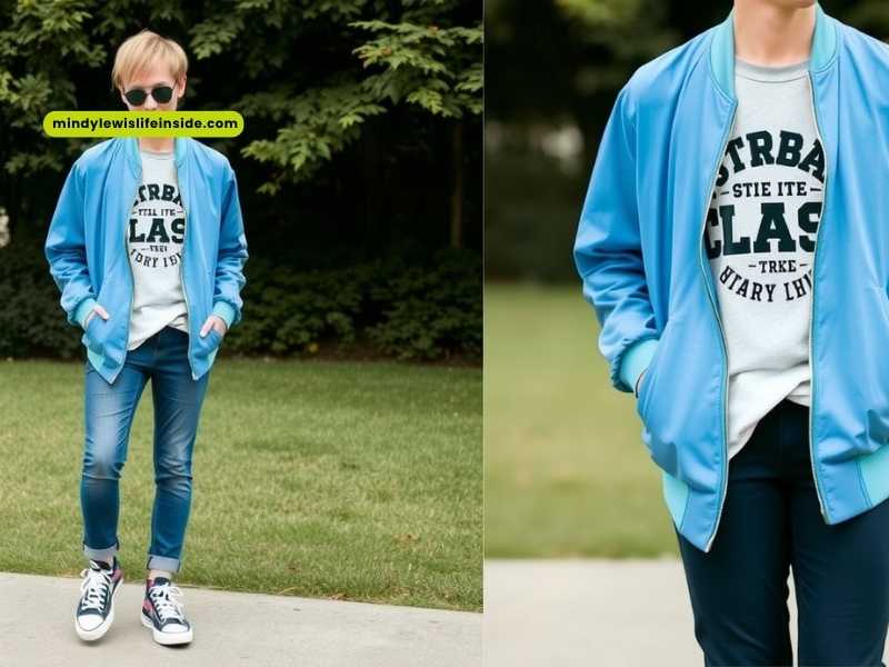  A man wearing a blue bomber jacket and jeans, depicted in two images, illustrating outfit options for the jacket.

