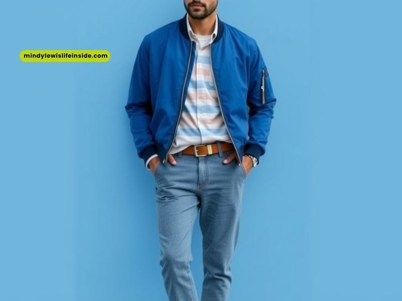 A man wearing a blue jacket and jeans stands against a blue wall, showcasing a stylish casual look.
