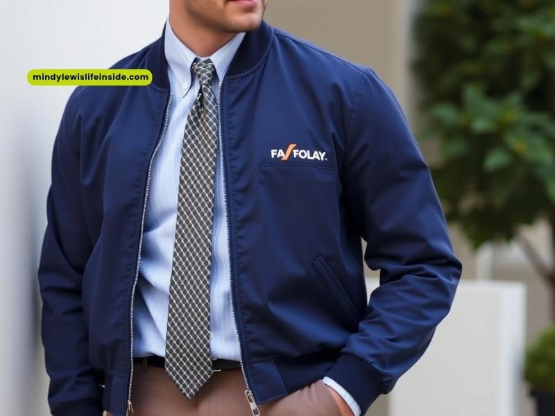 A man in a blue bomber jacket and tie, showcasing a stylish outfit for casual or semi-formal occasions.
