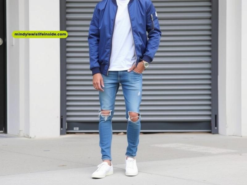 A man wearing a blue bomber jacket and jeans, showcasing a stylish casual outfit for various occasions.