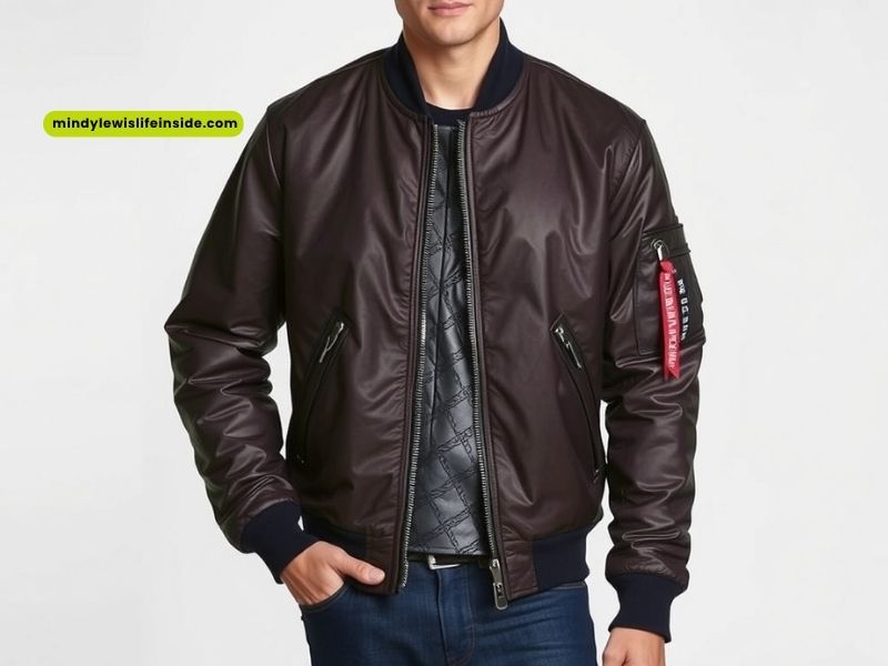 A man in a brown bomber jacket stands confidently, showcasing a stylish outerwear option for casual outfits.