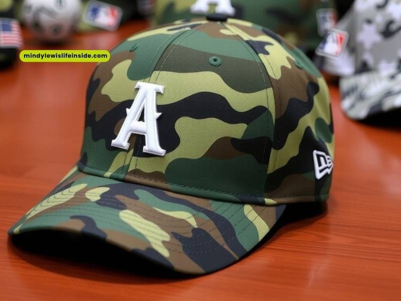 Camouflage baseball cap with the letter "A," representing MLB players' support for military-themed initiatives.