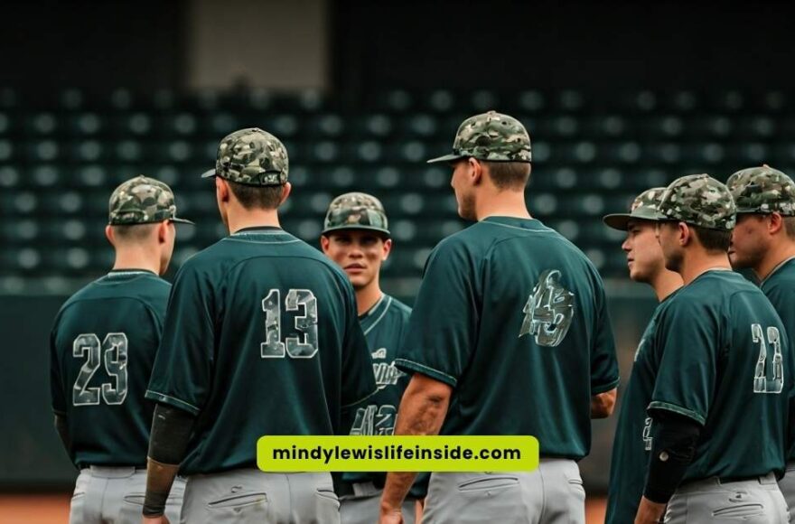 Baseball players in green uniforms engage in conversation, showcasing their camouflage hats during a themed game.