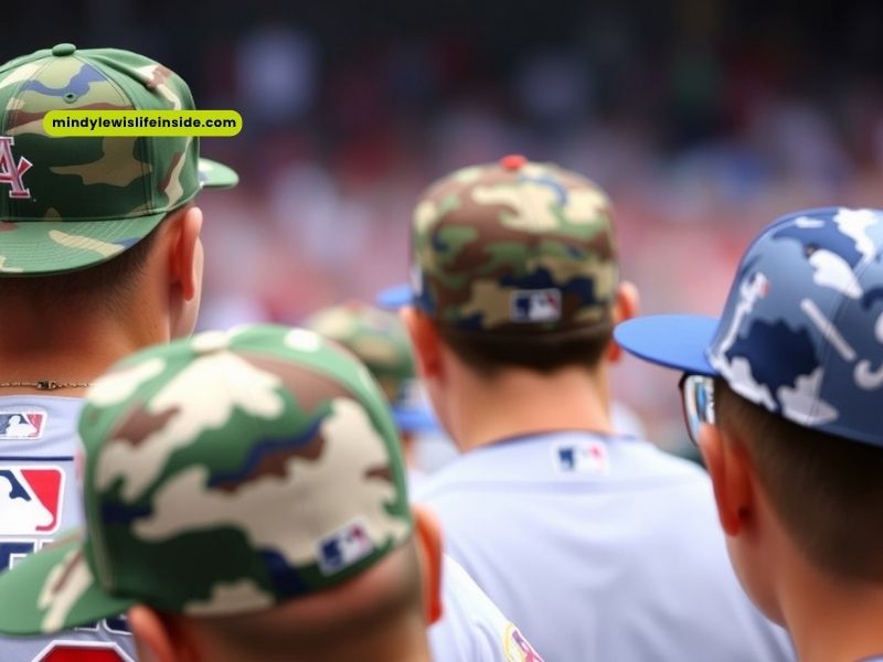 Several baseball players in camouflage hats, highlighting their participation in a special military tribute event.