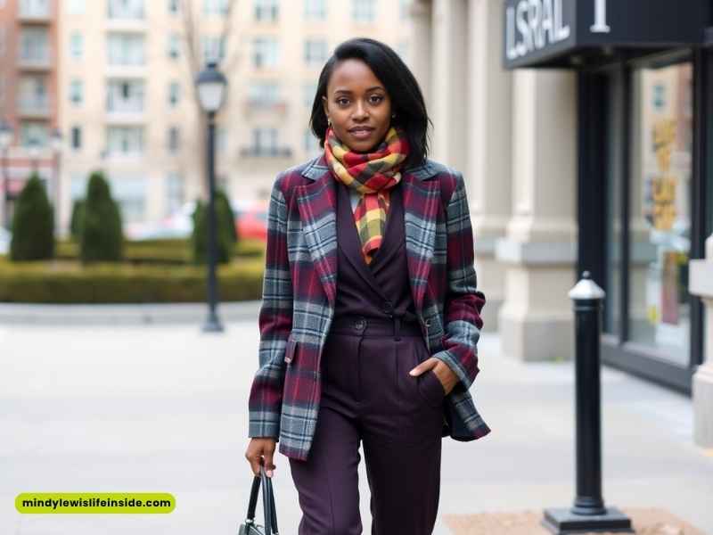  A woman in a plaid blazer and purple pants, showcasing a stylish winter outfit for Black girls.
