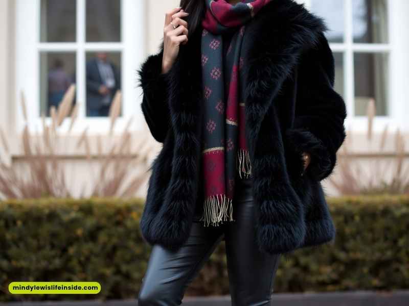 A woman dressed in a black fur coat and scarf, representing winter fashion for black girls.