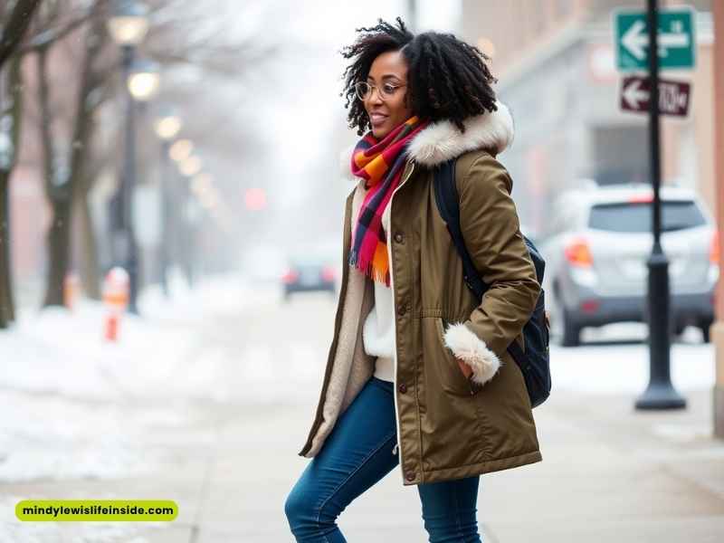 A woman in a winter coat and scarf walks down the street, showcasing stylish winter outfits for Black girls.