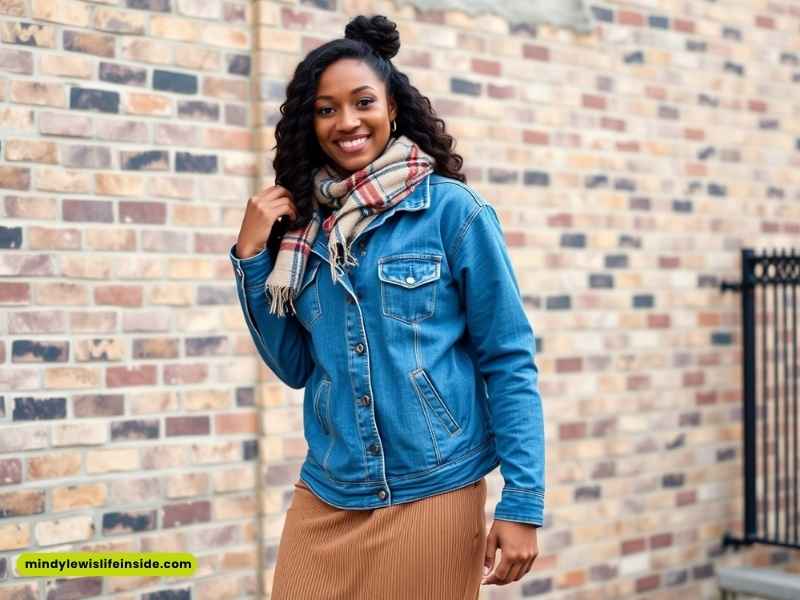 A woman in a denim jacket and scarf, showcasing a stylish winter outfit for Black girls.
