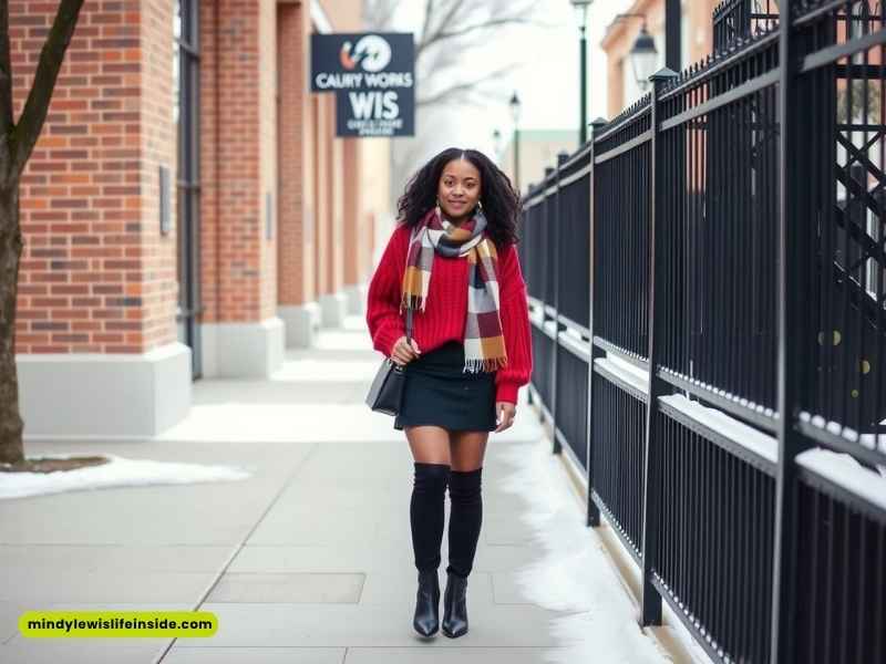 A woman wearing a red sweater and skirt poses on a sidewalk, highlighting winter fashion for Black girls.
