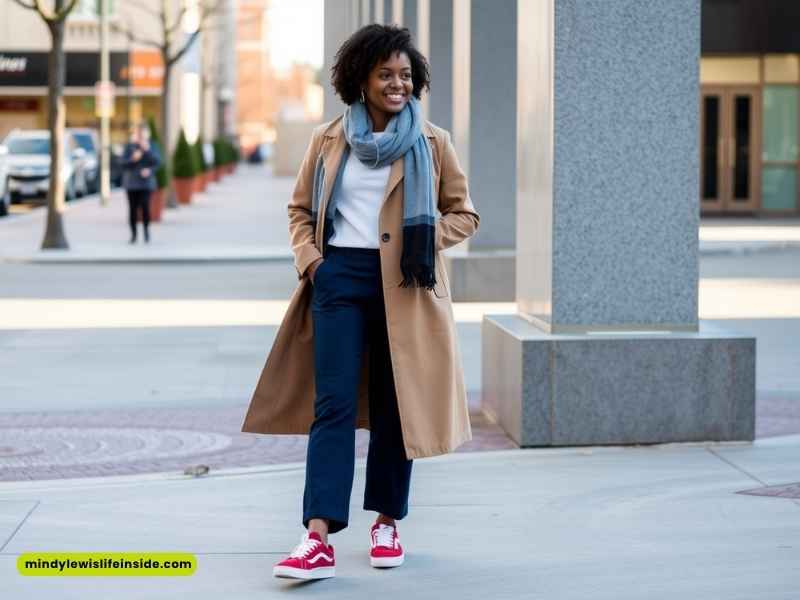 A woman in a stylish coat and blue pants walks confidently down the street, showcasing winter fashion for Black girls.
