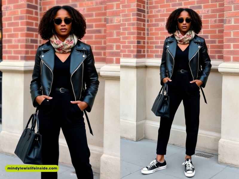 A woman wearing black pants and a leather jacket, showcasing a stylish winter outfit for black girls.