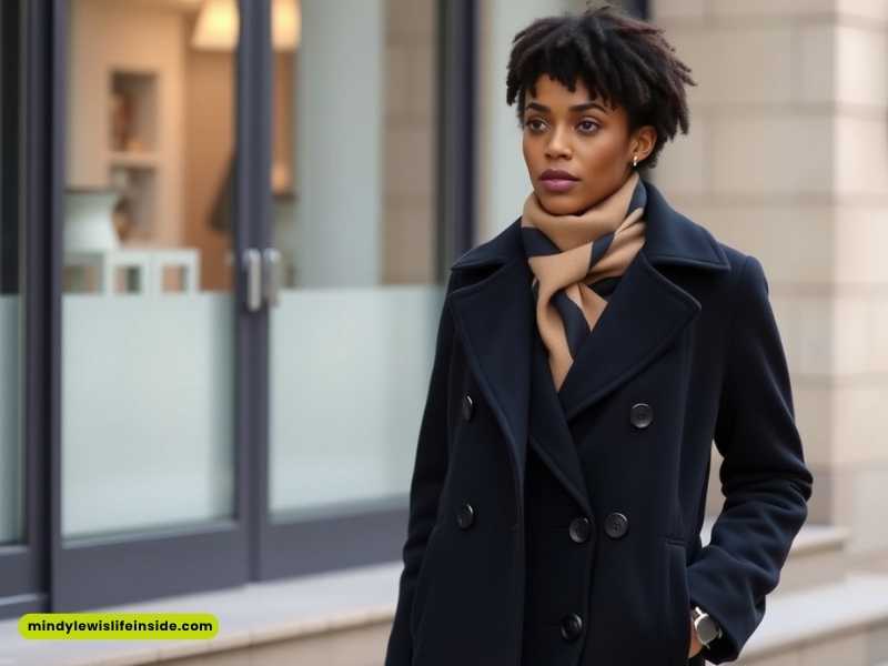 Outside, a woman wearing a black coat and scarf poses, representing winter fashion for Black girls.
