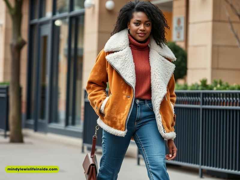 A woman in a brown coat and jeans walks confidently down the street, showcasing a stylish winter outfit.