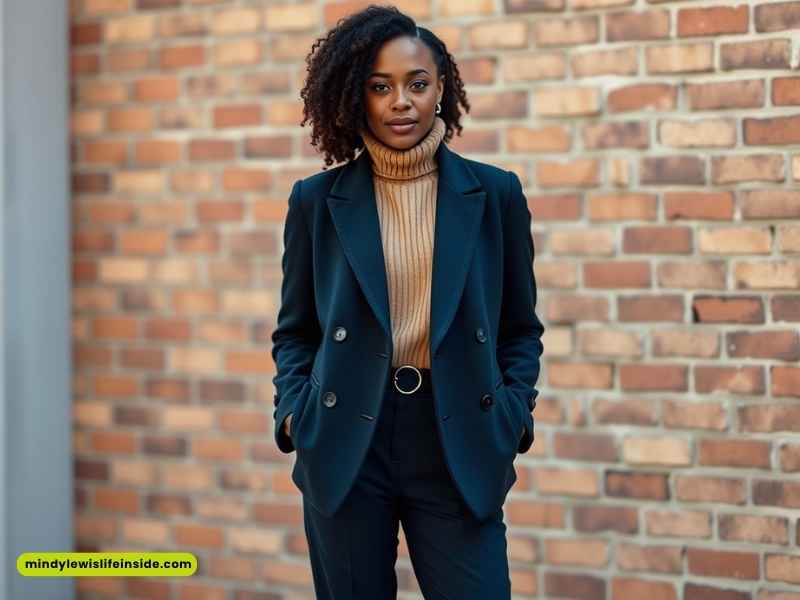 A woman wearing a black suit and turtleneck sweater, showcasing a stylish winter outfit for Black girls.