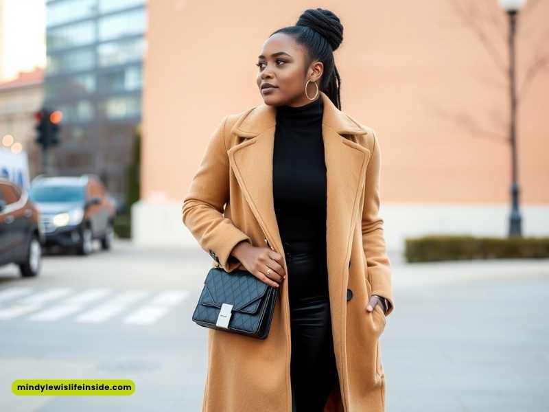 A woman wearing a camel coat over a black turtleneck, showcasing a stylish winter outfit for Black girls.