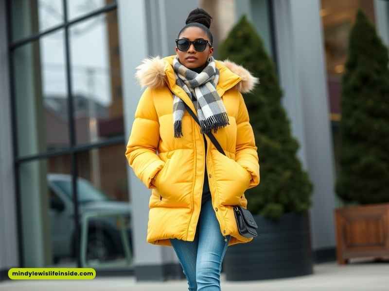 A woman in a bright yellow puffer coat and scarf, representing winter fashion for Black girls.