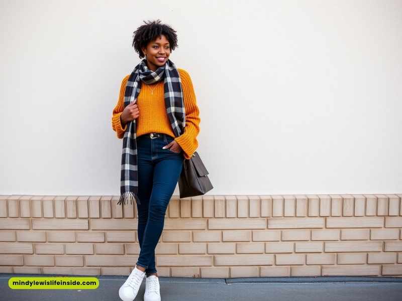 A woman in a scarf and jeans stands against a brick wall, showcasing a stylish winter outfit for Black girls.