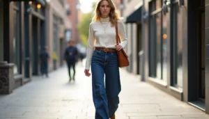 A woman wearing a white sweater and loose jeans walks casually along a street, surrounded by buildings.