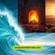 A tree stands beside a wave, with flames flickering nearby, creating a striking contrast of nature and fire.