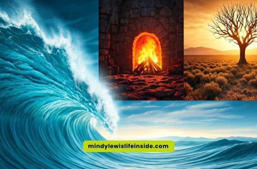 A tree stands beside a wave, with flames flickering nearby, creating a striking contrast of nature and fire.