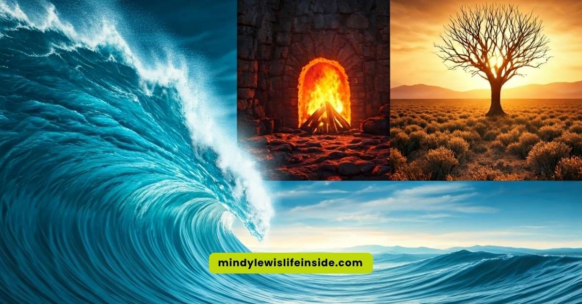 A tree stands beside a wave, with flames flickering nearby, creating a striking contrast of nature and fire.