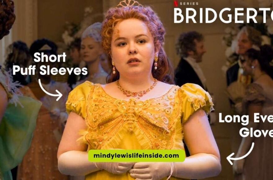 Stylish long evening gloves with short sleeves, reflecting Penelope's iconic yellow look in Bridgerton