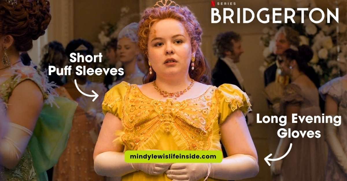 Stylish long evening gloves with short sleeves, reflecting Penelope's iconic yellow look in Bridgerton