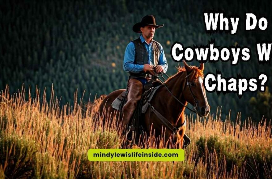Visual explaining the purpose of chaps for cowboys, emphasizing their role in safeguarding against weather and brush.