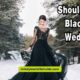Image of a person contemplating outfit choices, with text asking if wearing black to a wedding is appropriate.