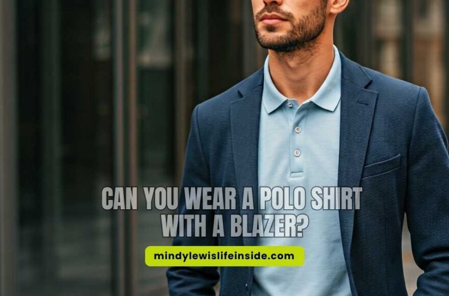 Image of a stylish outfit featuring a polo shirt layered under a blazer, showcasing a smart-casual look.