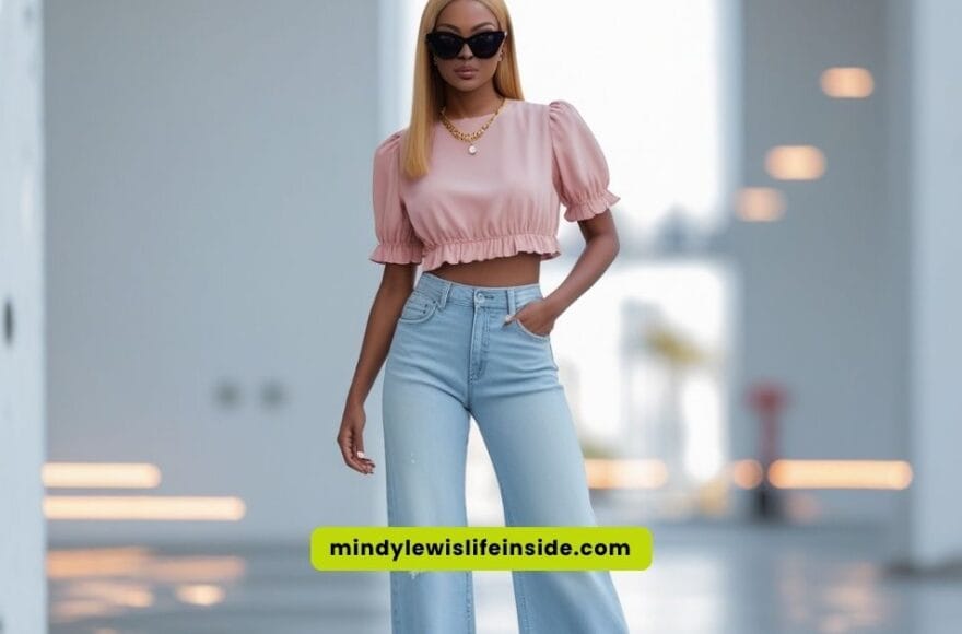 A woman wearing a pink shirt and blue jeans poses confidently, highlighting her trendy casual look.