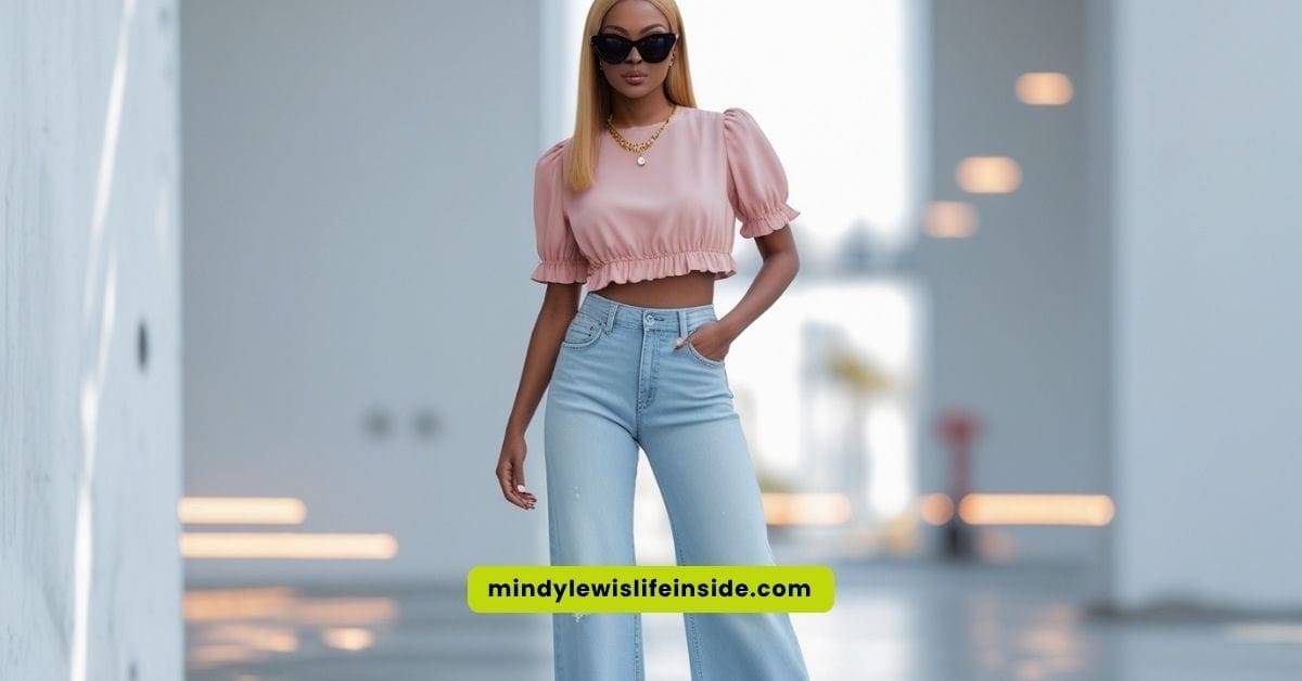 A woman wearing a pink shirt and blue jeans poses confidently, highlighting her trendy casual look.