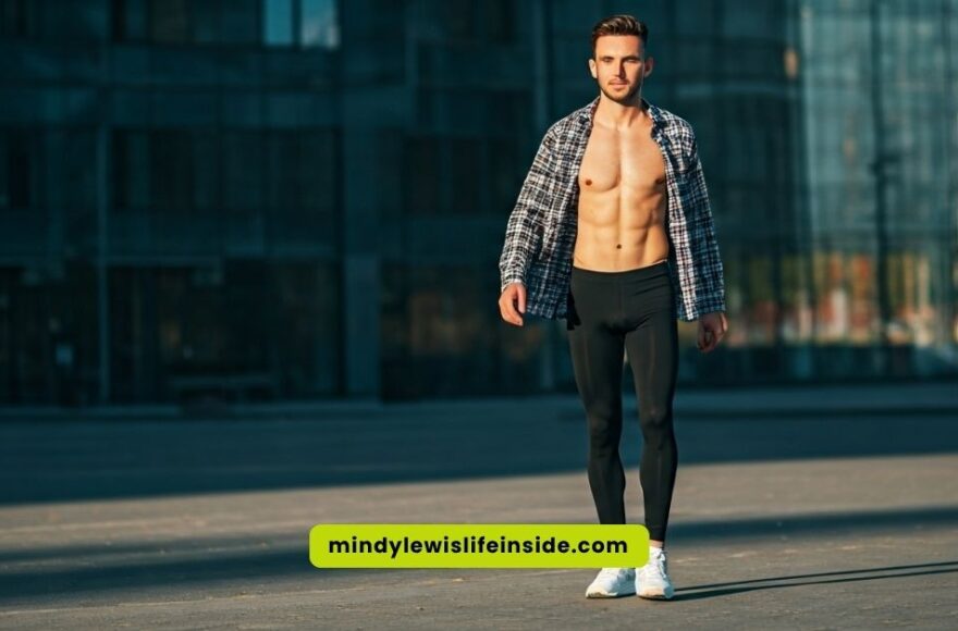 A shirtless man stands in front of a building, embodying a casual attitude towards fashion and self-expression.