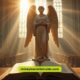 Angel statue depicting a biblical figure, intricately carved, located within a serene church setting.