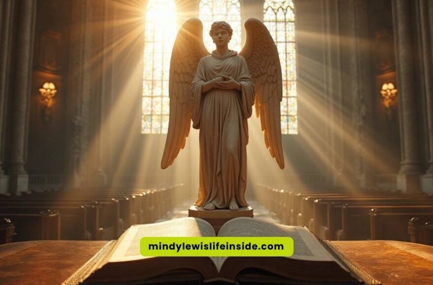 Angel statue depicting a biblical figure, intricately carved, located within a serene church setting.