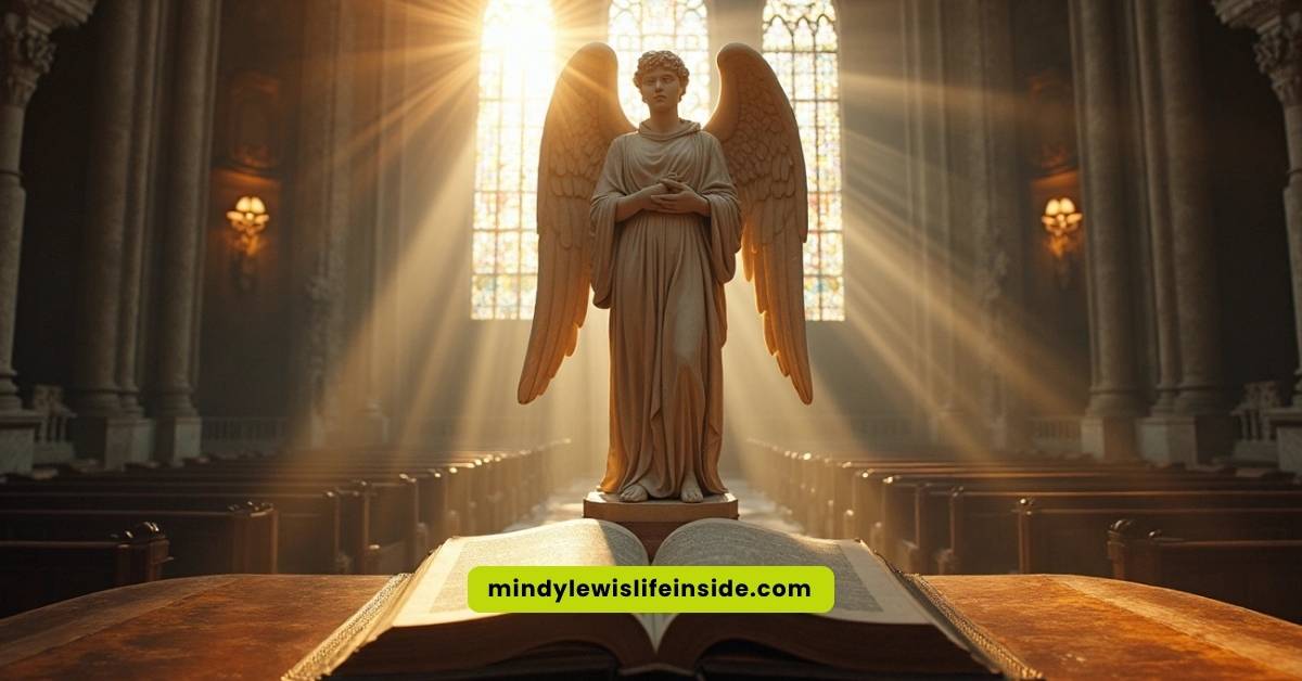 Angel statue depicting a biblical figure, intricately carved, located within a serene church setting.